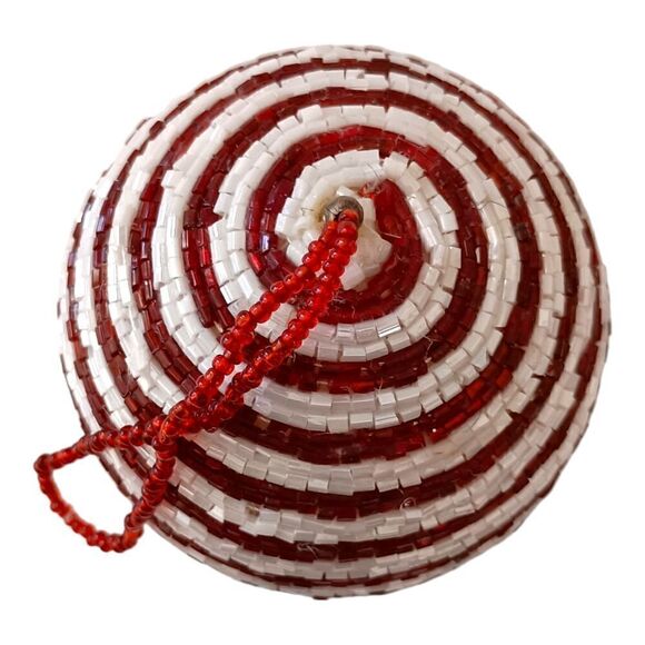 Hand Beaded Christmas Ornament Glass Bugle Beads All Around Red White Vintage. - Picture 9 of 14